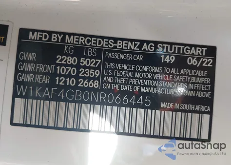2022 Mercedes-Benz C 300 Sedan from USA, damaged, VIN W1KAF4GB0NR066445